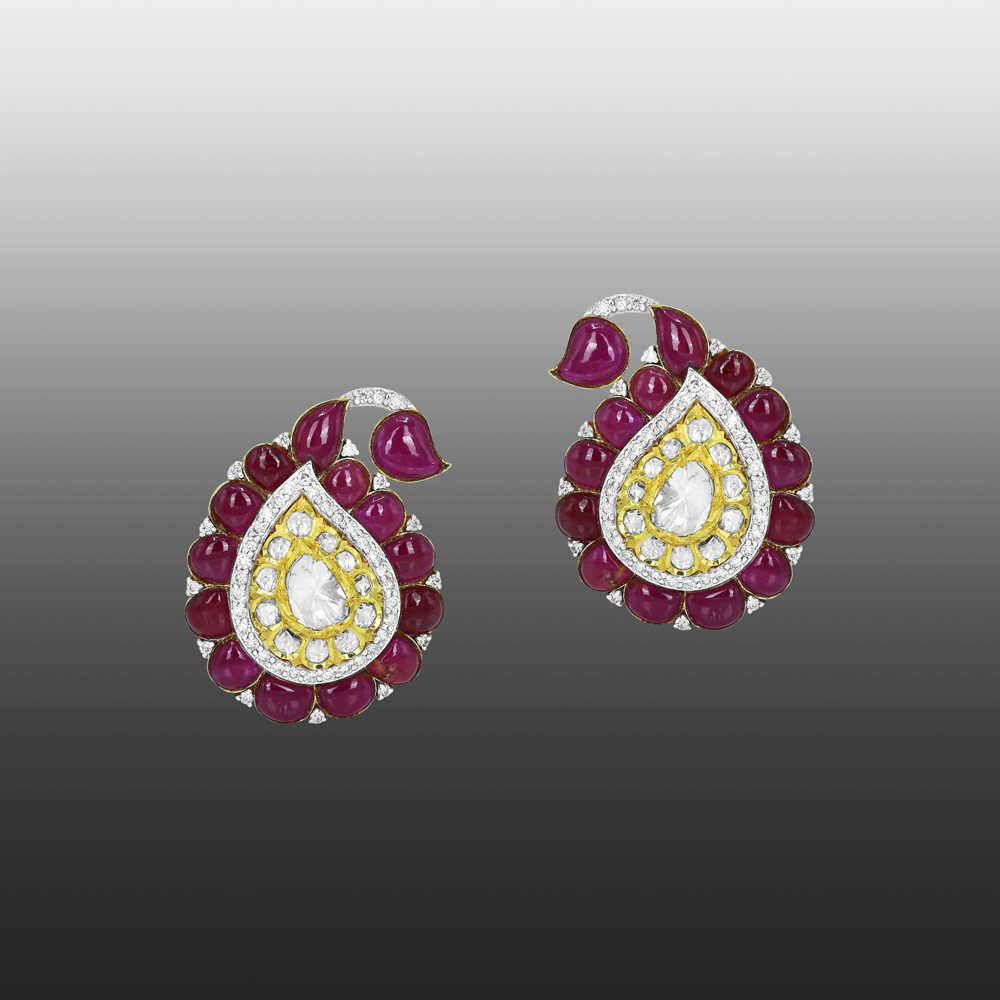 Red colourstone Cabochon Earrings with Polki Diamonds